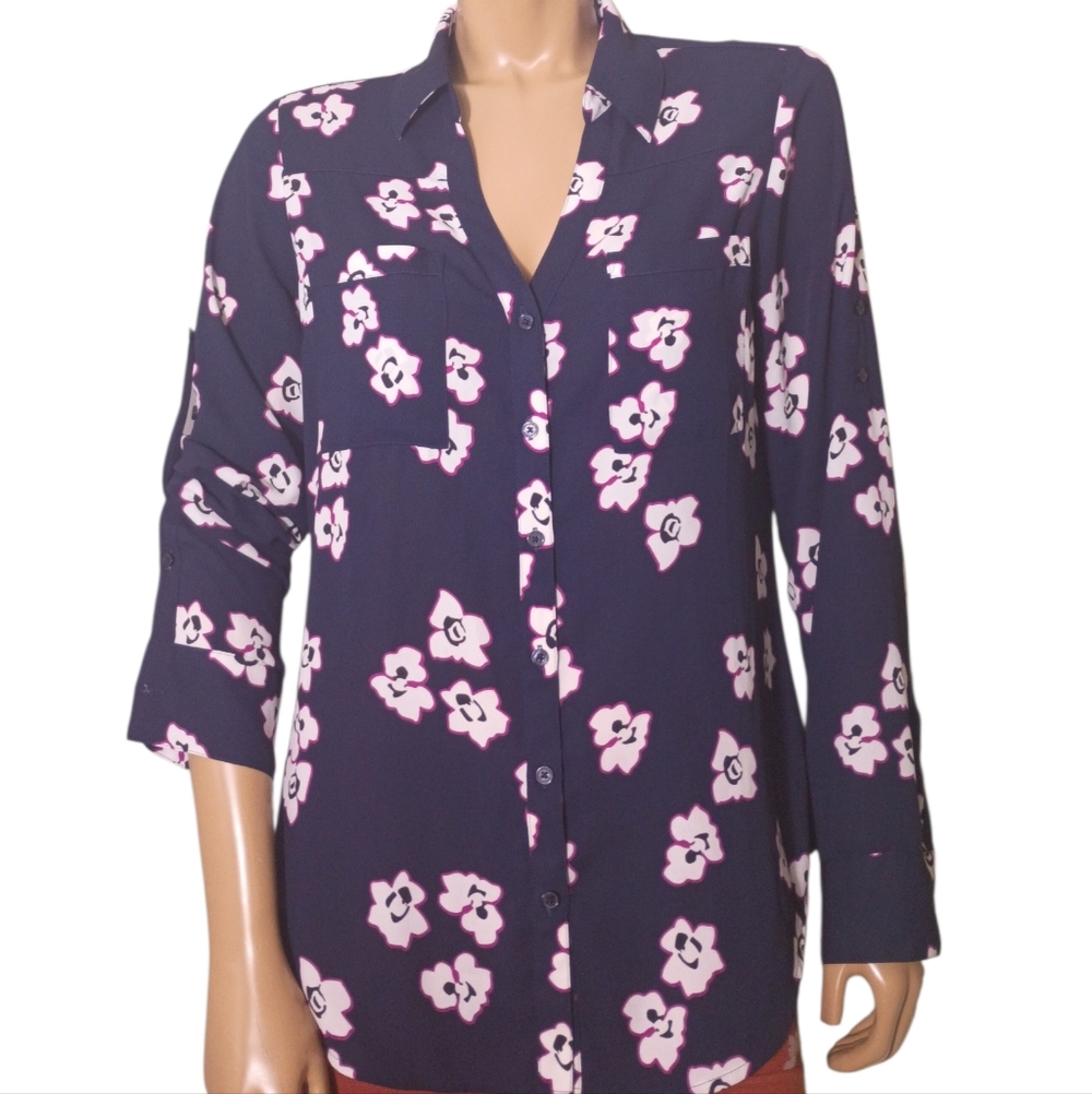Express‎ Navy Button-Down Shirt with Pink Floral Print